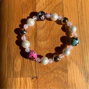 Faux Pearl & Gold & Cloisonné Flower Beaded Bracelet Cloisonne